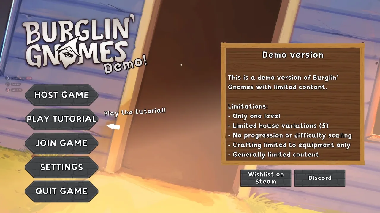 Burglin Gnomes multiplayer co-op host and join game menu